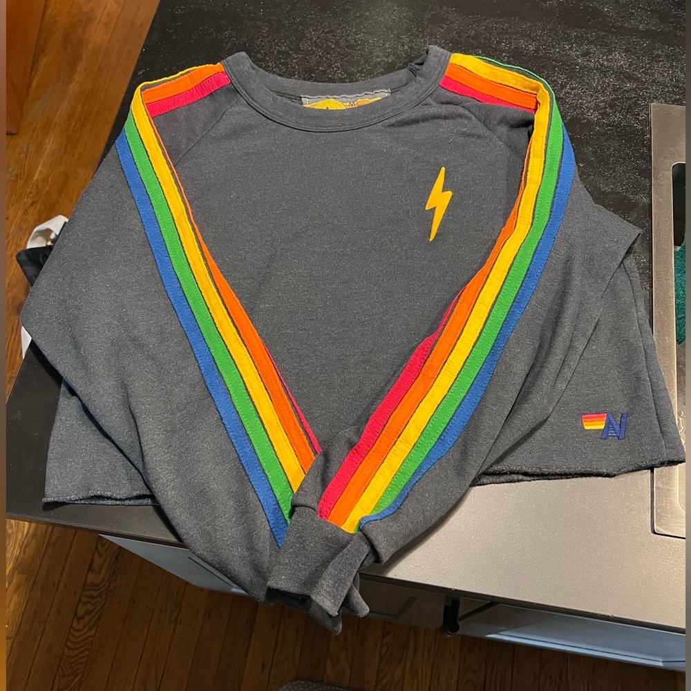 Aviator Nation Gray Cropped Crew Neck with Lightning Bolt and Rainbow Sleeves M